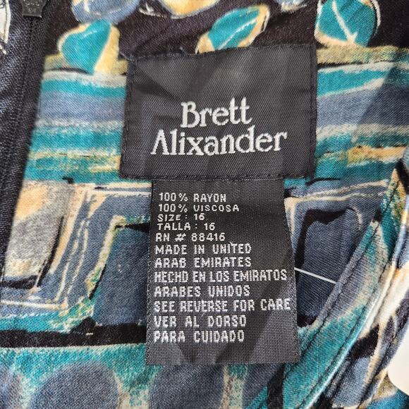 Vintage 90s Abstract Blue Green Sleeveless Midi Dress Criss Cross Neckline 12 - Picture 9 of 14